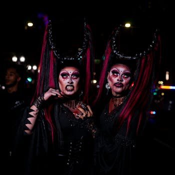 Two individuals in elaborate Halloween costumes with dramatic makeup, photographed at night. halloween costumes