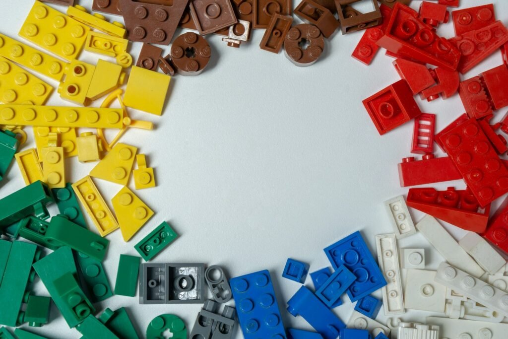 blue red yellow and green lego blocks, building blocks toys